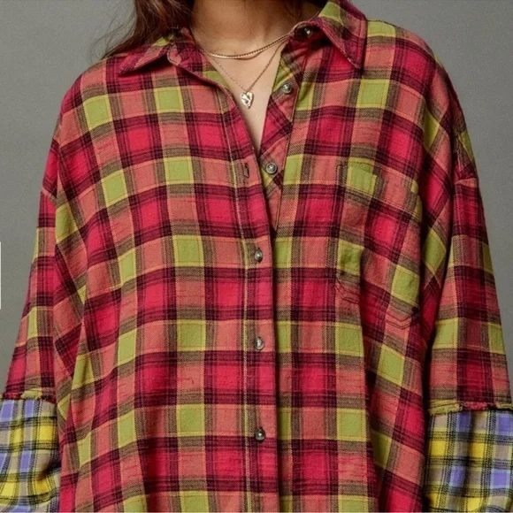 BDG Urban Outfitters One Way or Another Plaid Flannel Shirt Womens Medium Pink - Picture 3 of 12